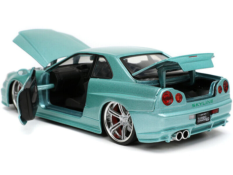 Model car with open doors and trunk on a white background