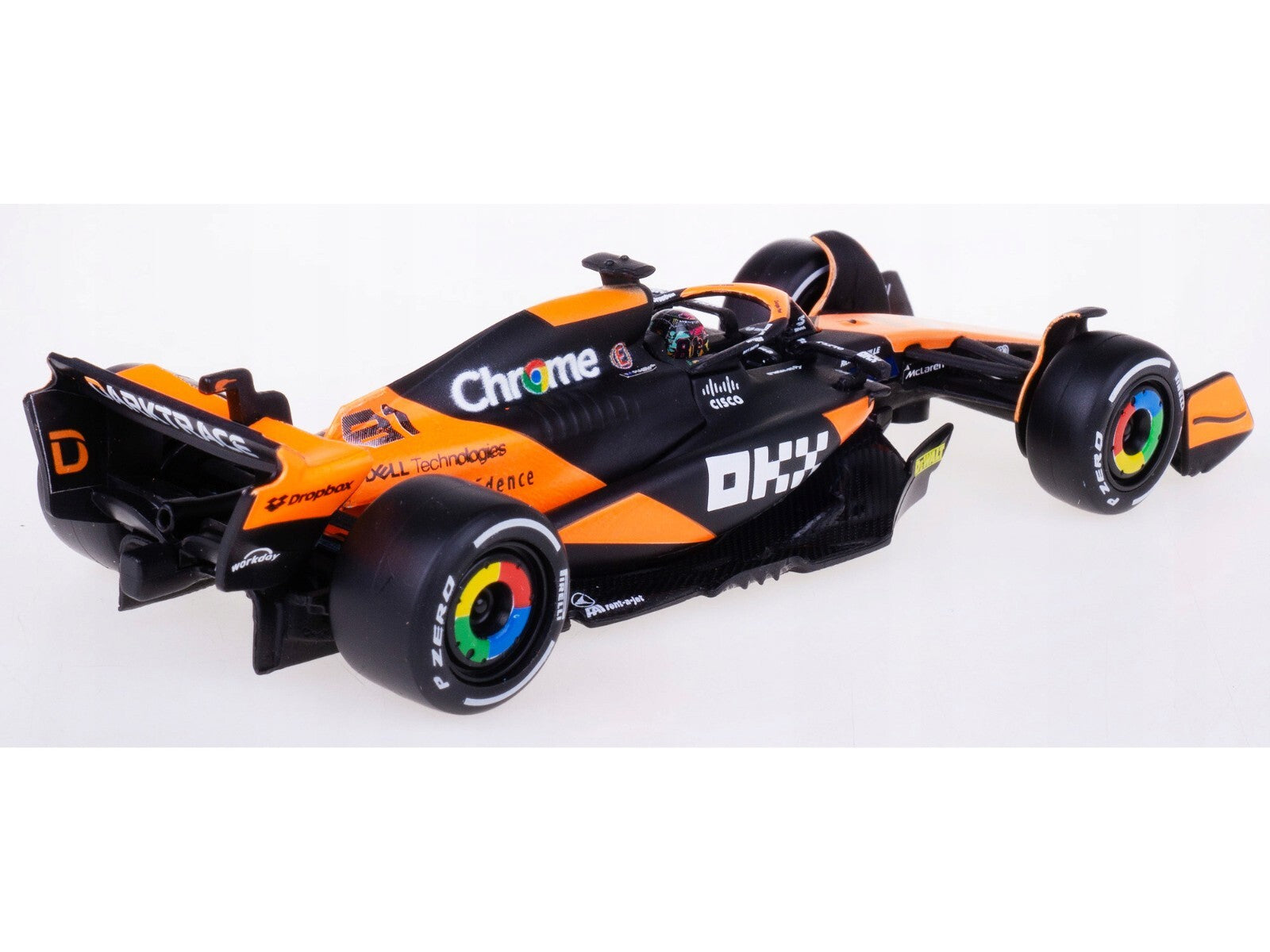 Model of a Formula 1 car with prominent branding on a white background