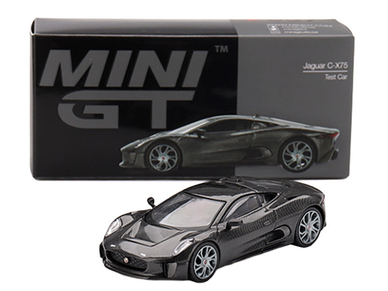 Model car of Jaguar C-X75 with MINI GT packaging on a white background