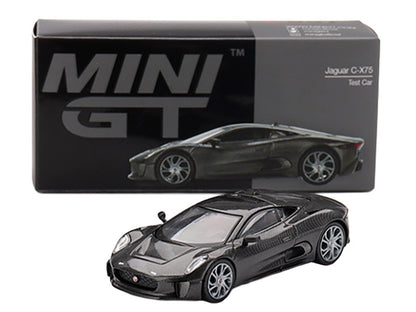 Model car of Jaguar C-X75 with MINI GT packaging on a white background