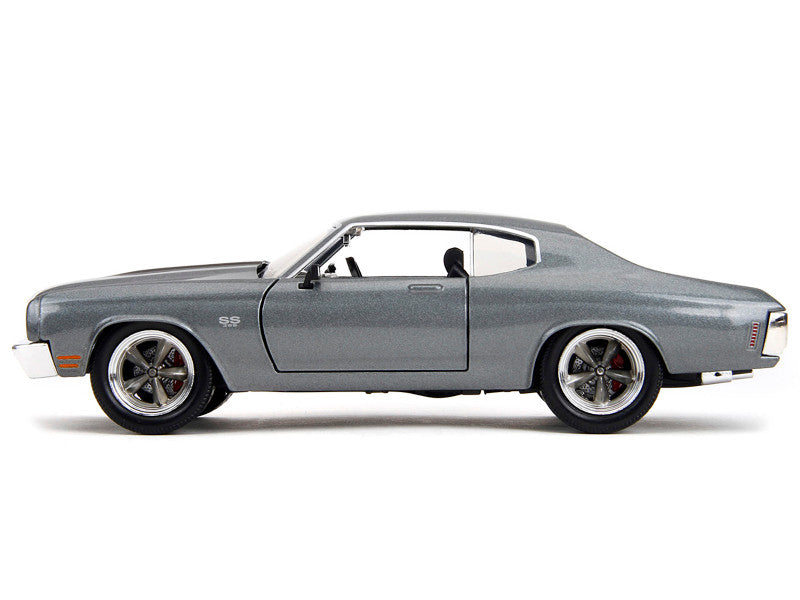 Side view of a classic gray muscle car on a white background