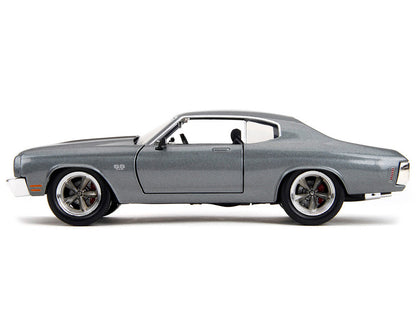 Side view of a classic gray muscle car on a white background