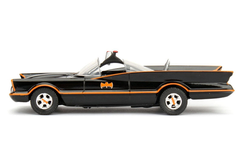 Model of a classic car with a black and orange design on a white background