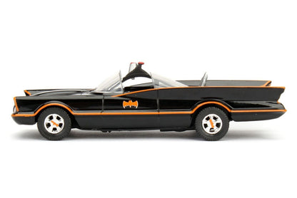 Model of a classic car with a black and orange design on a white background