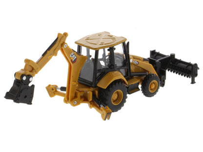 Toy backhoe loader with black and yellow colors on a white background