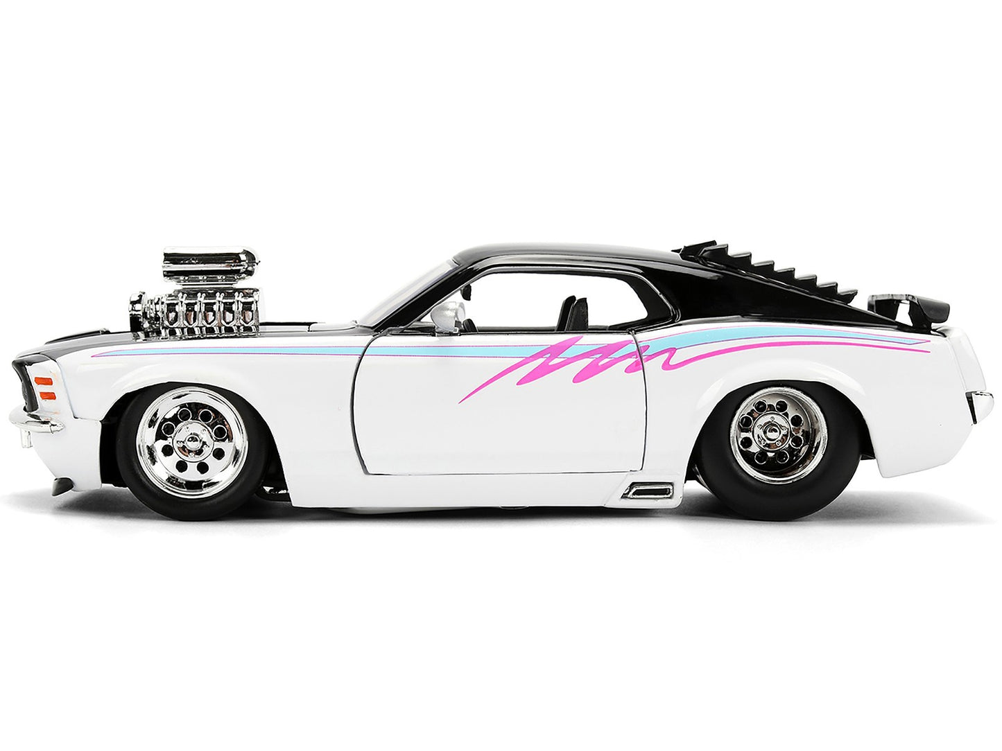 Model car with a white body, black roof, and pink stripe on a white background