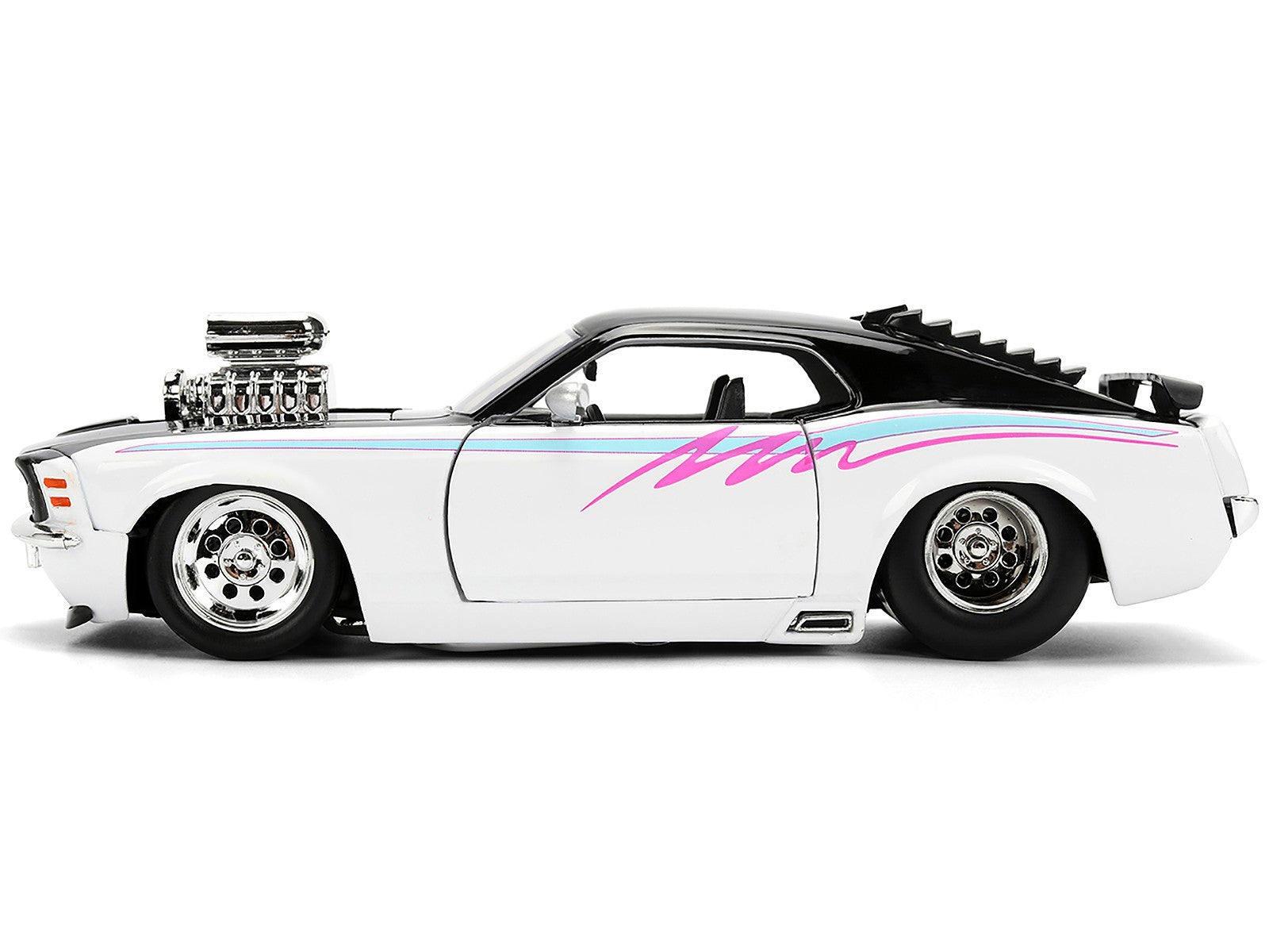 Model car with a white body, black roof, and pink stripe on a white background