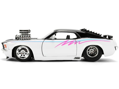 Model car with a white body, black roof, and pink stripe on a white background