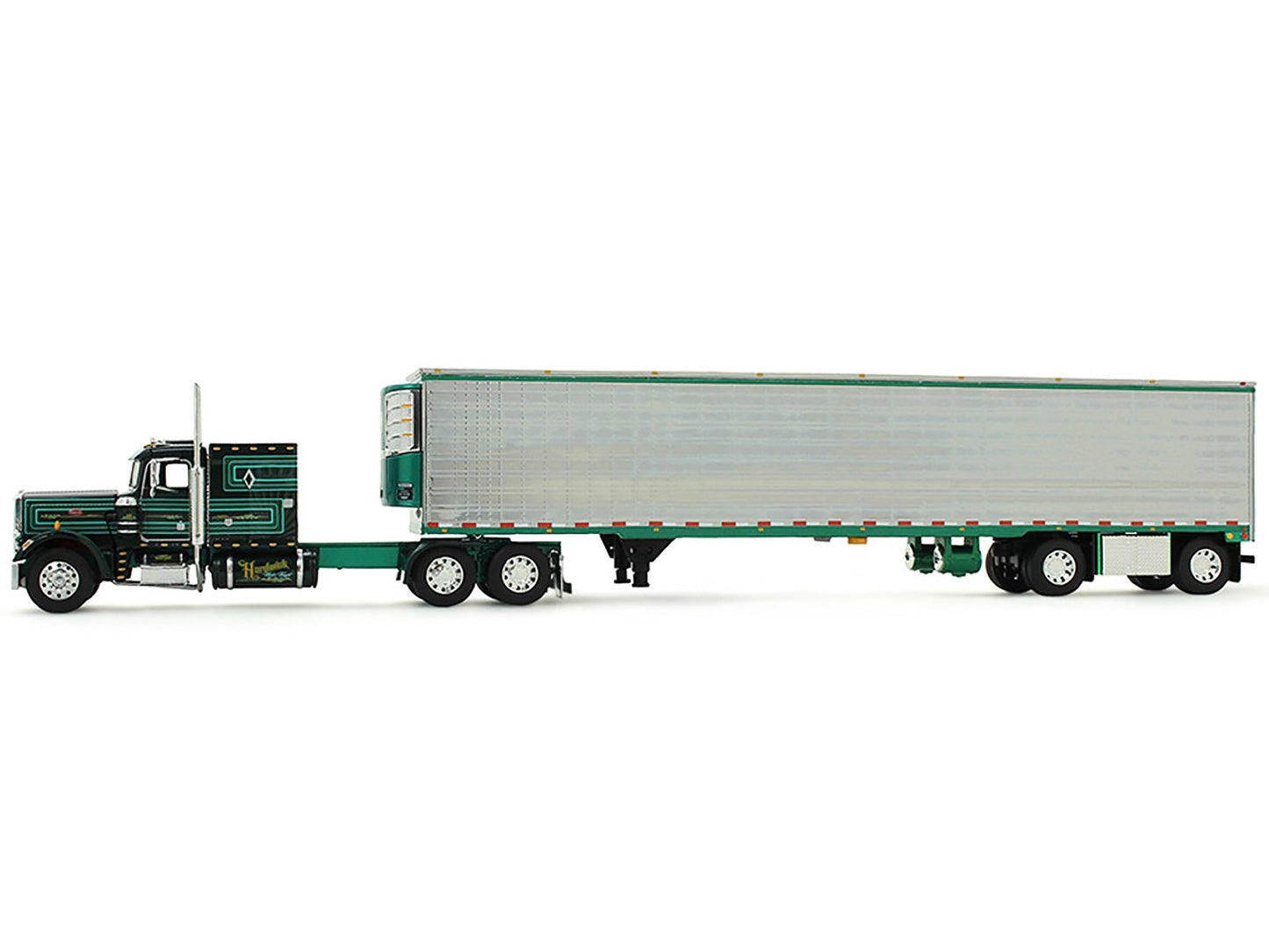 Model of a green truck with a trailer on a white background