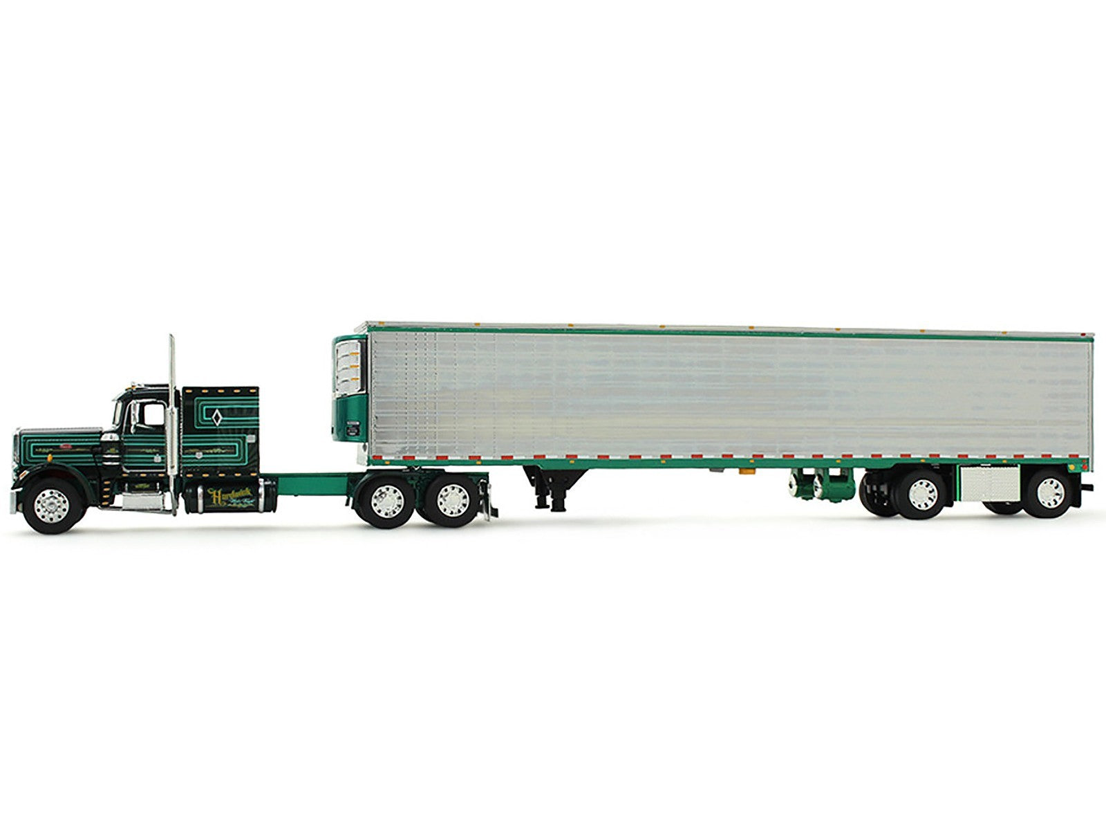Model of a green truck with a trailer on a white background