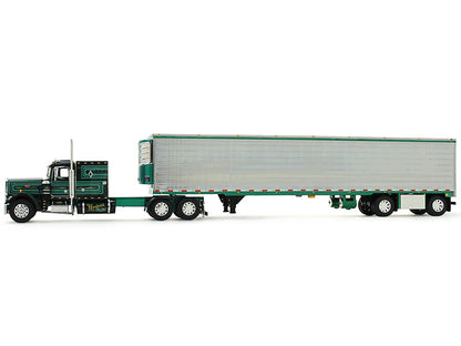 Model of a green truck with a trailer on a white background