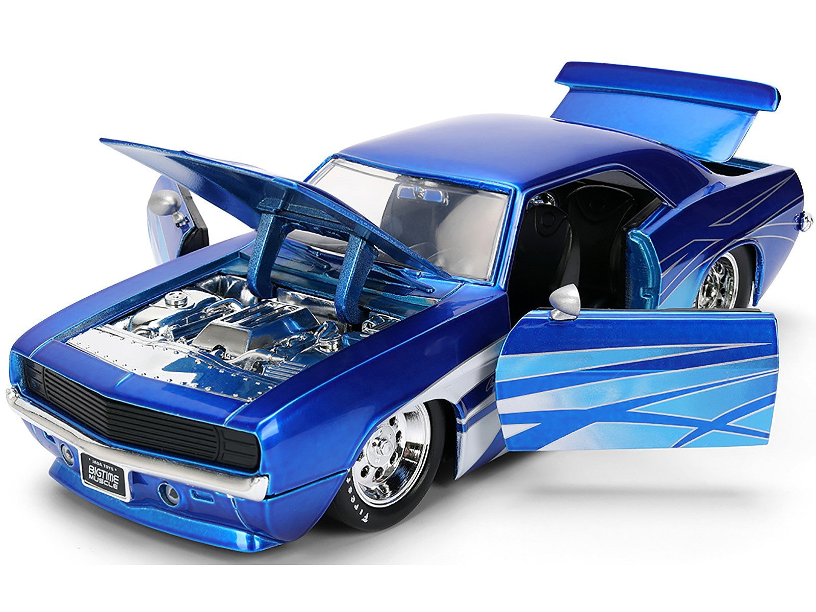 Blue model car with open doors and hood on a white background