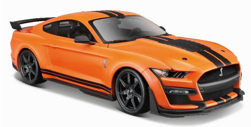 Orange sports car with black stripes on a white background