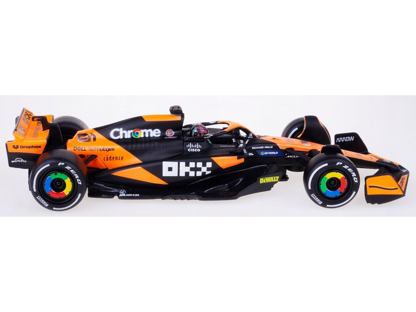 Model of a Formula 1 car with visible branding on a white background