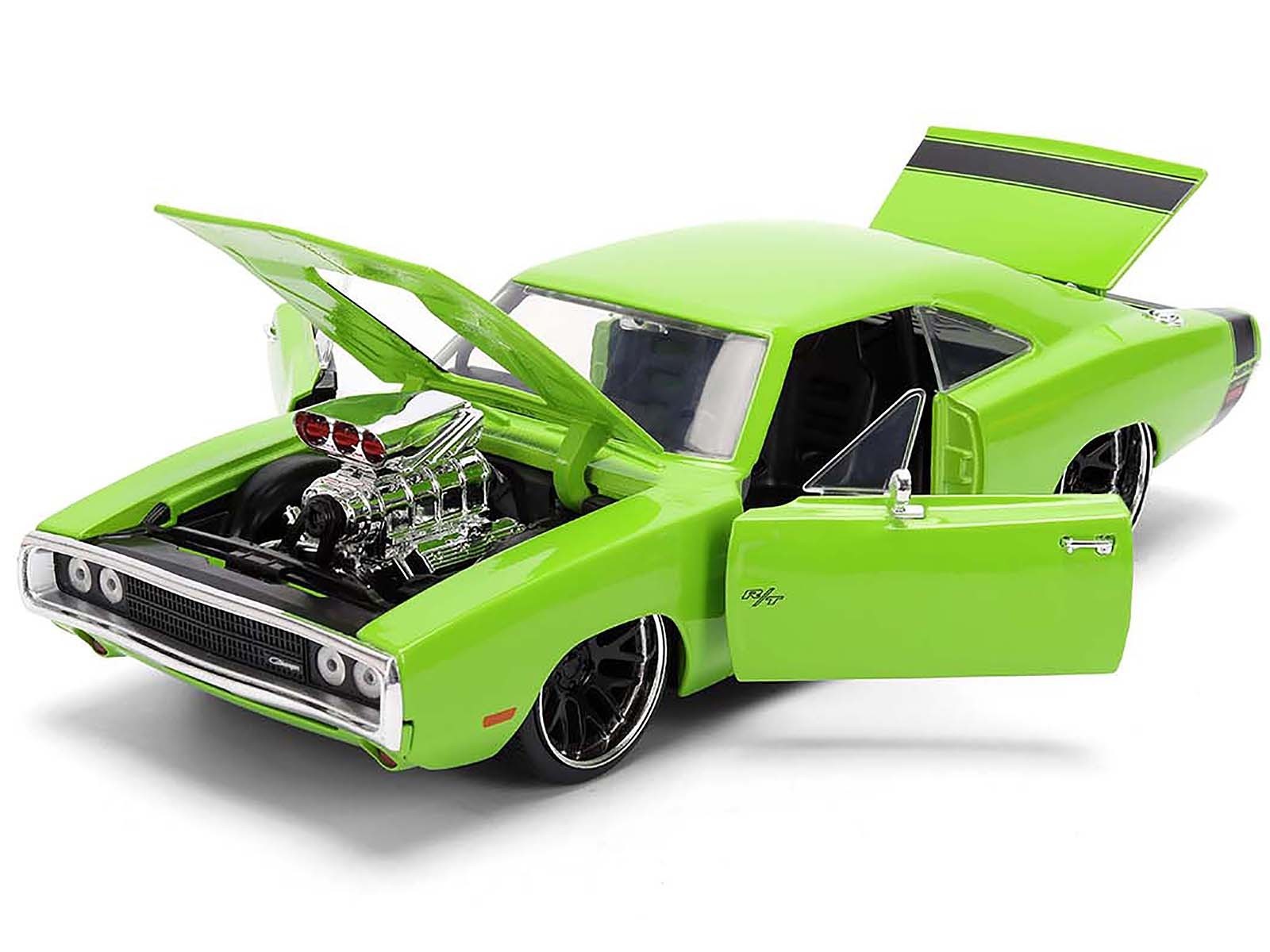 Green model car with open doors and engine compartment on a white background