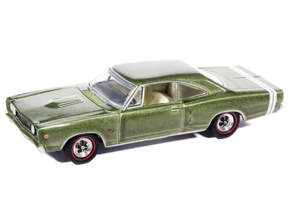 Model car in green and white on a white background