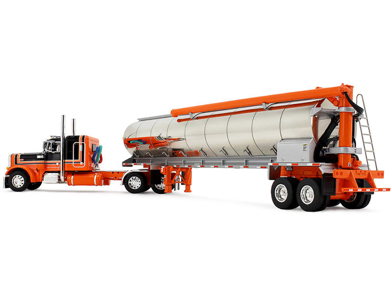 Model of an orange and white tanker truck on a white background