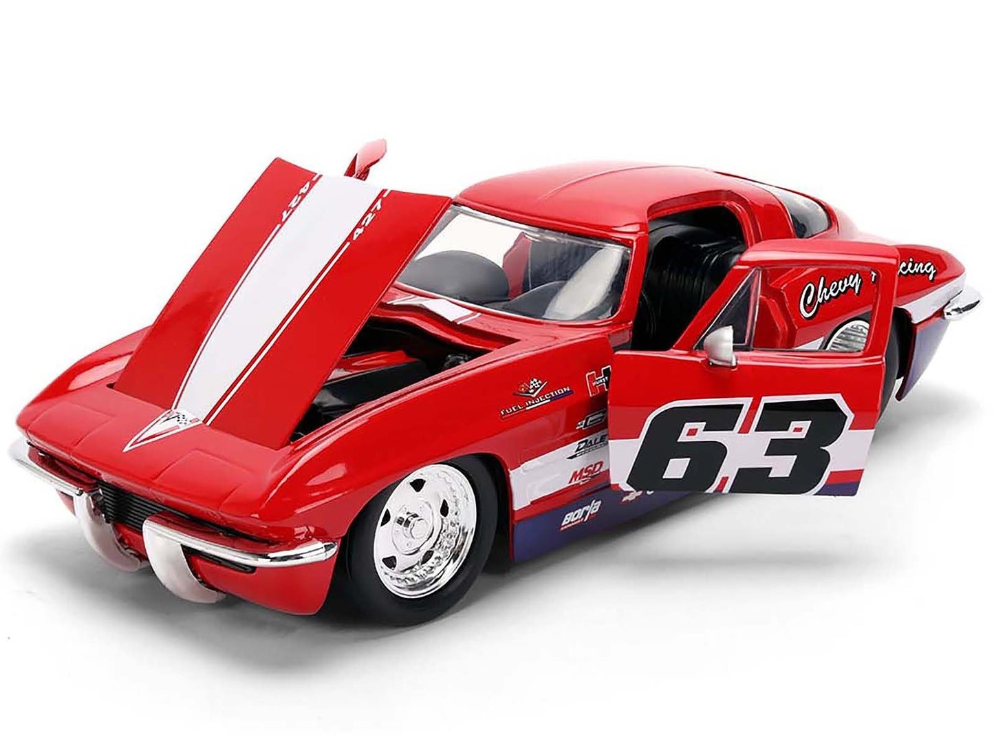 Red model car with open hood on a white background