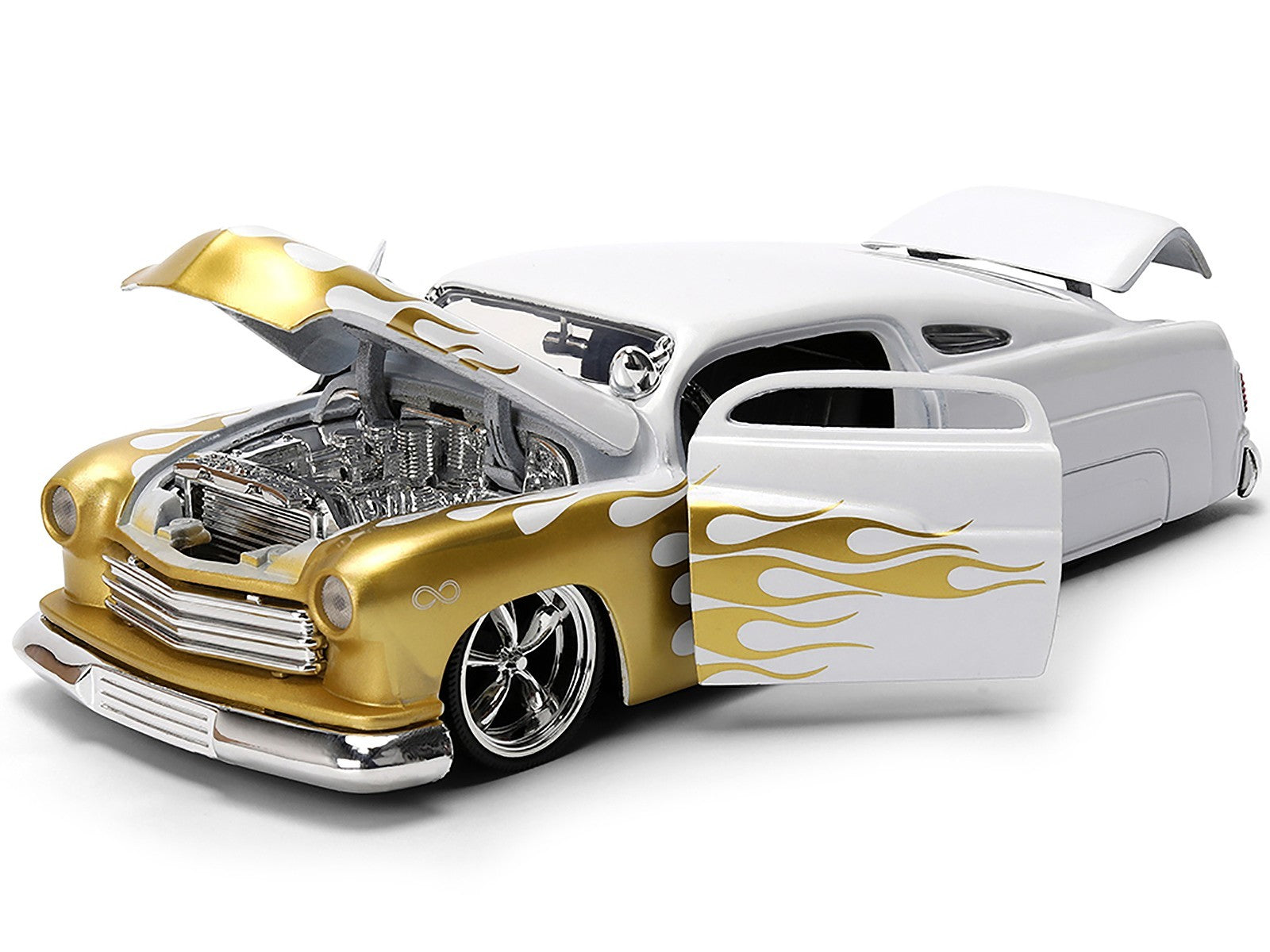 Model car with gold and white design on a white background