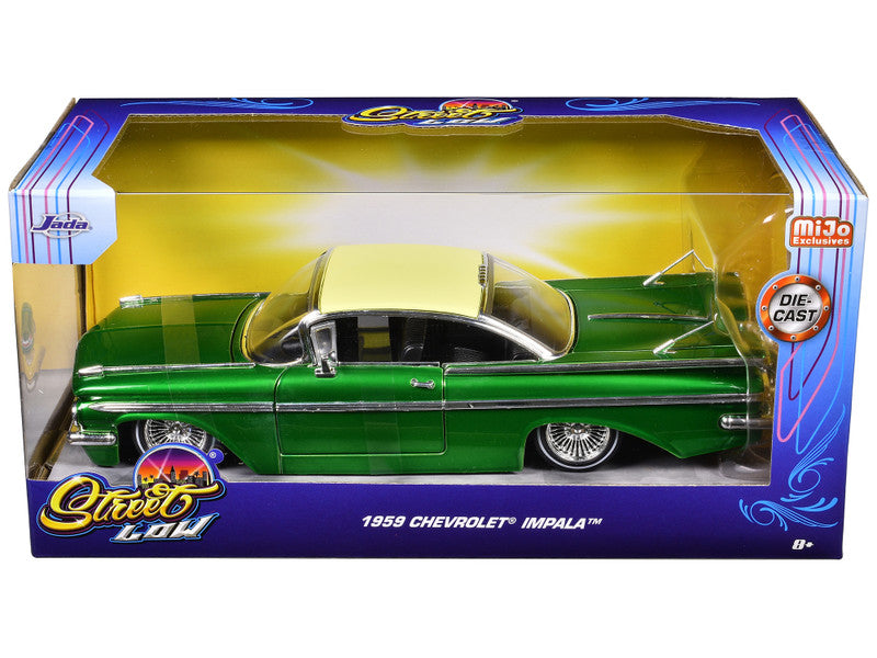Green toy car in packaging on a white background