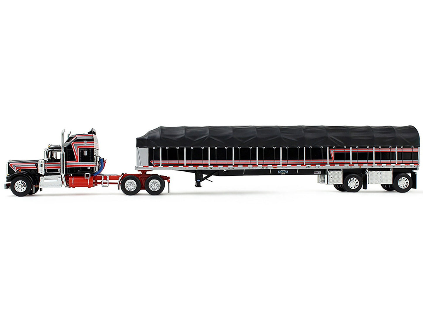 Model of a semi-truck with a black trailer on a white background