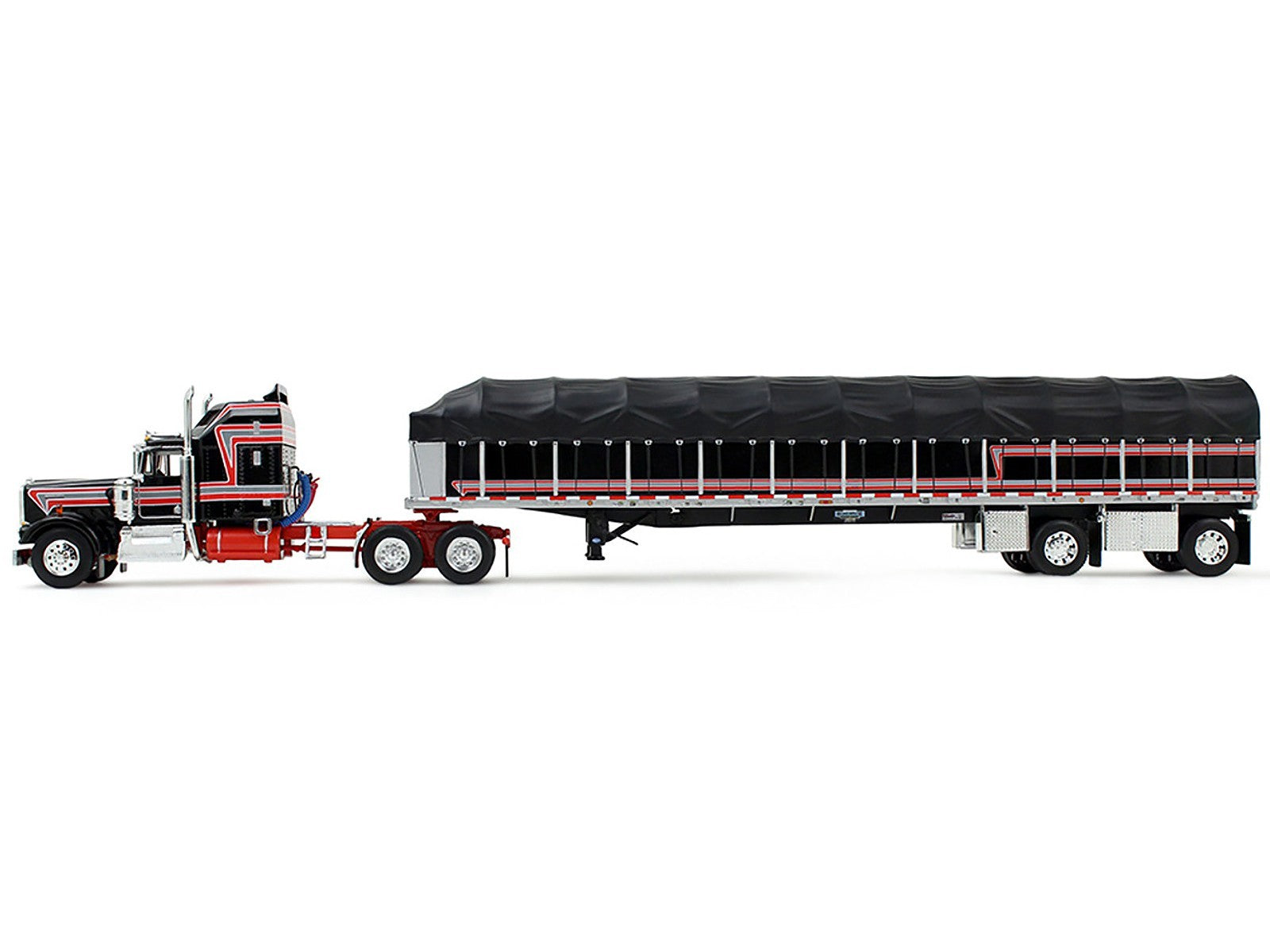 Model of a semi-truck with a black trailer on a white background