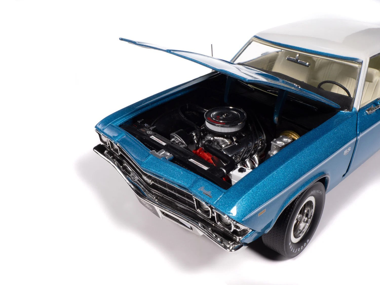 Blue classic car with open hood on a white background