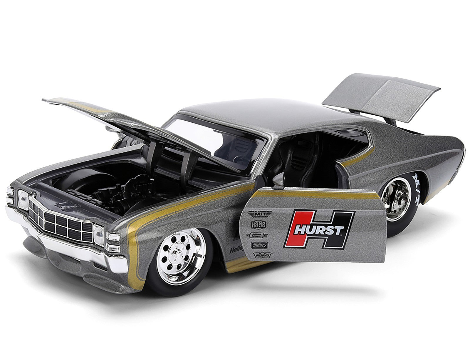 Model car with open doors and hood on a white background