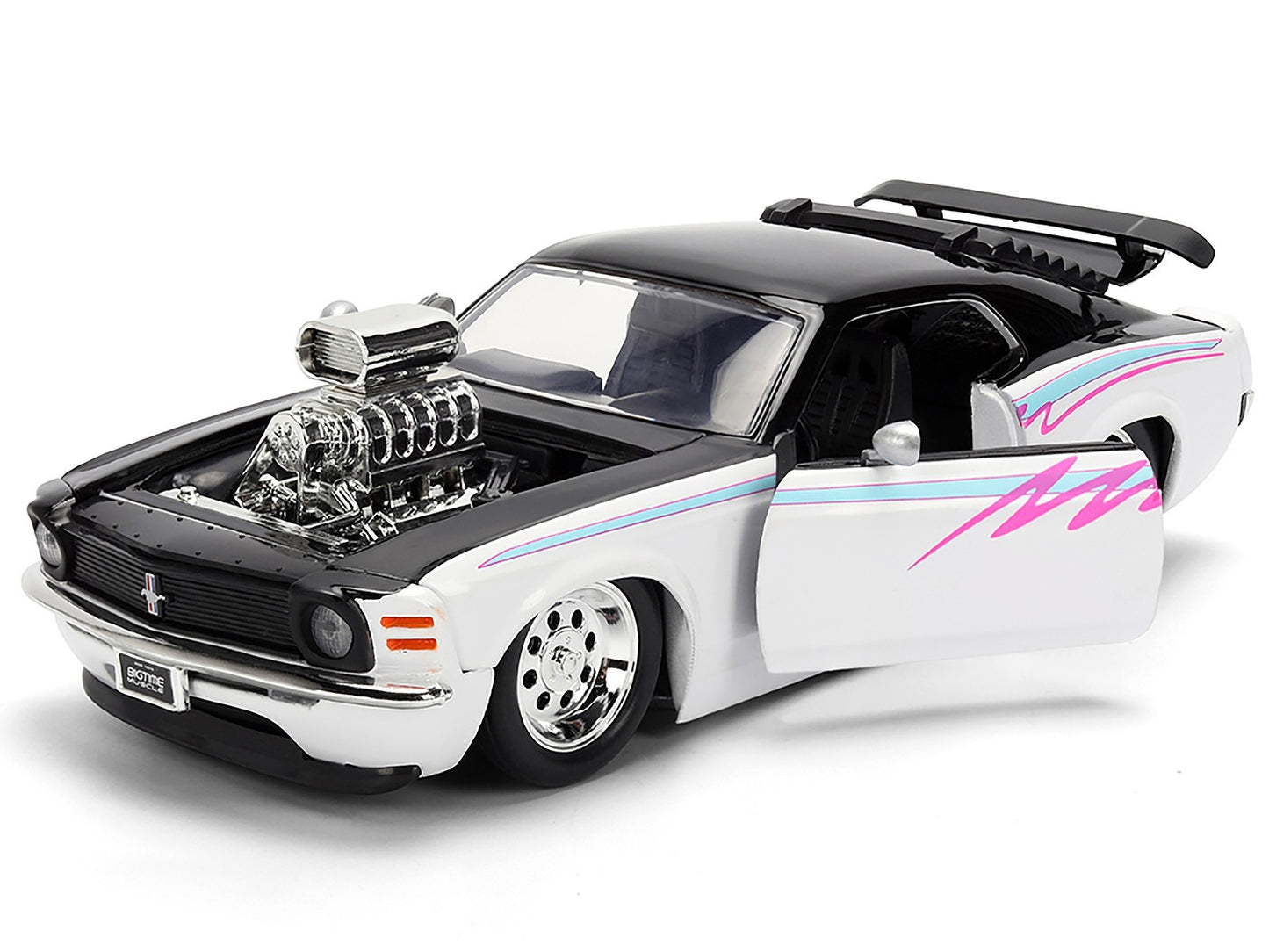 Model car with detailed engine and open door on a white background