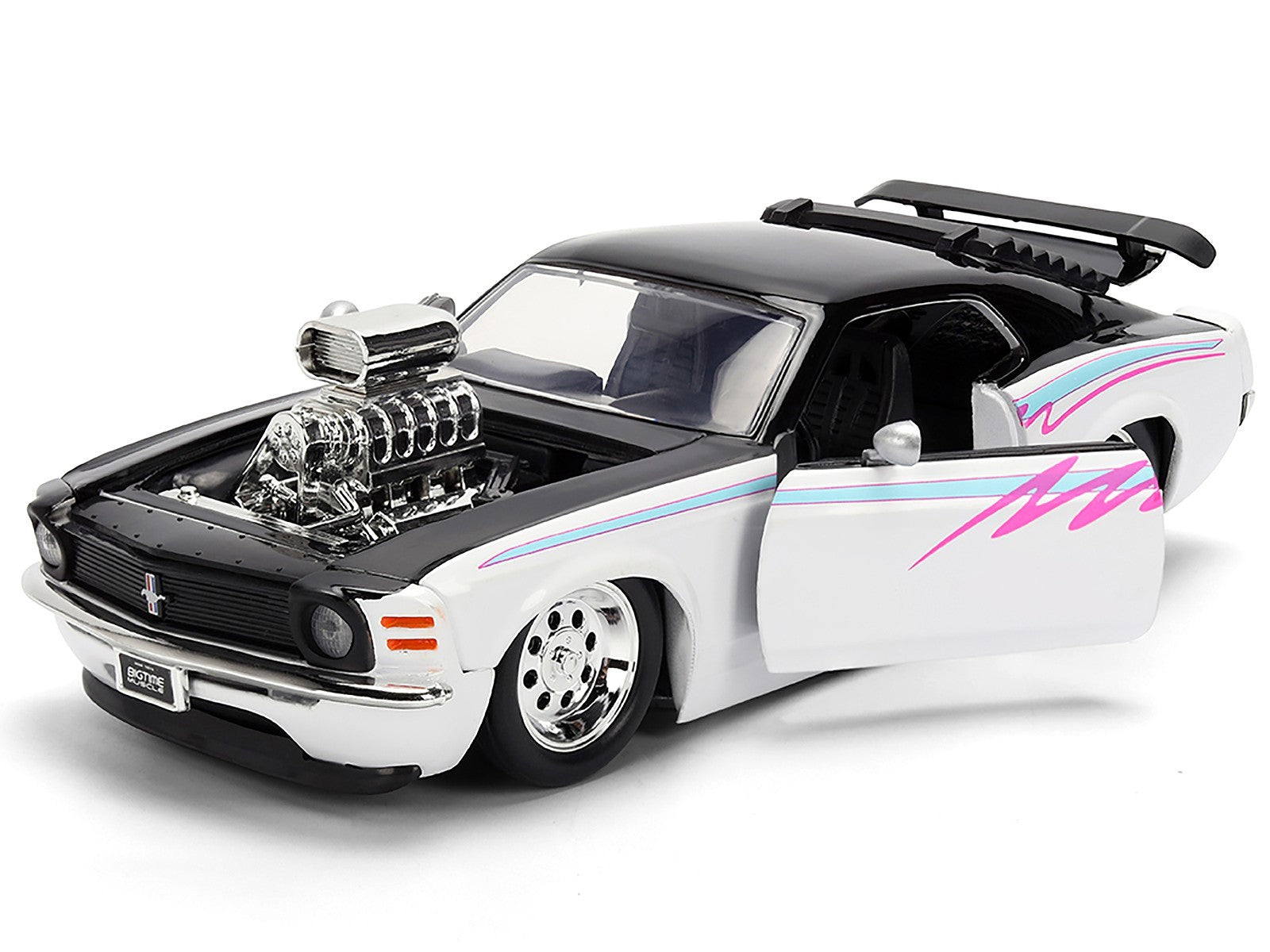 Model car with detailed engine and open door on a white background