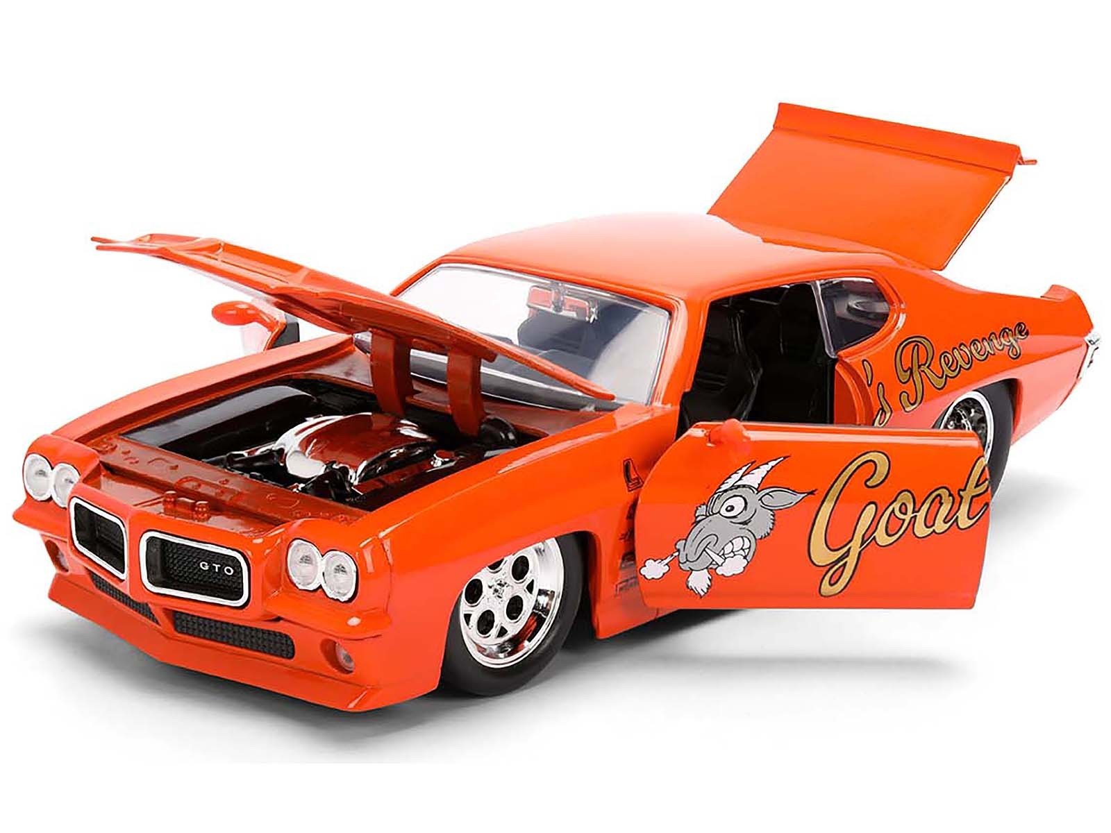 Orange muscle car model with open hood on a white background