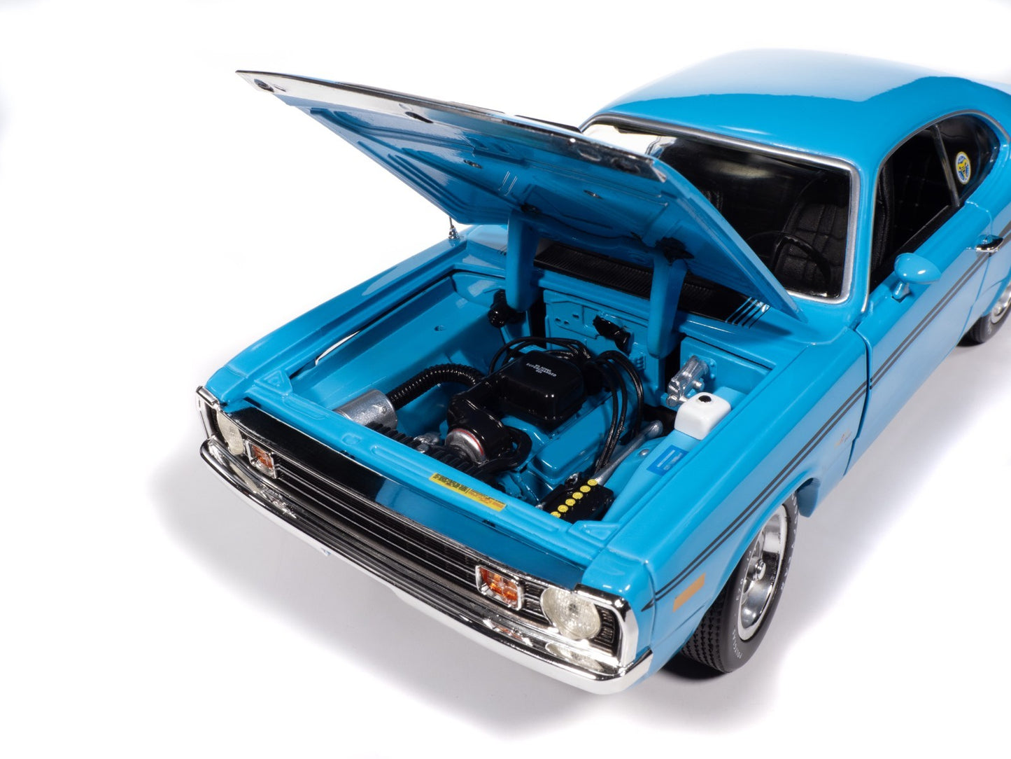 Blue model car with open hood on a white background
