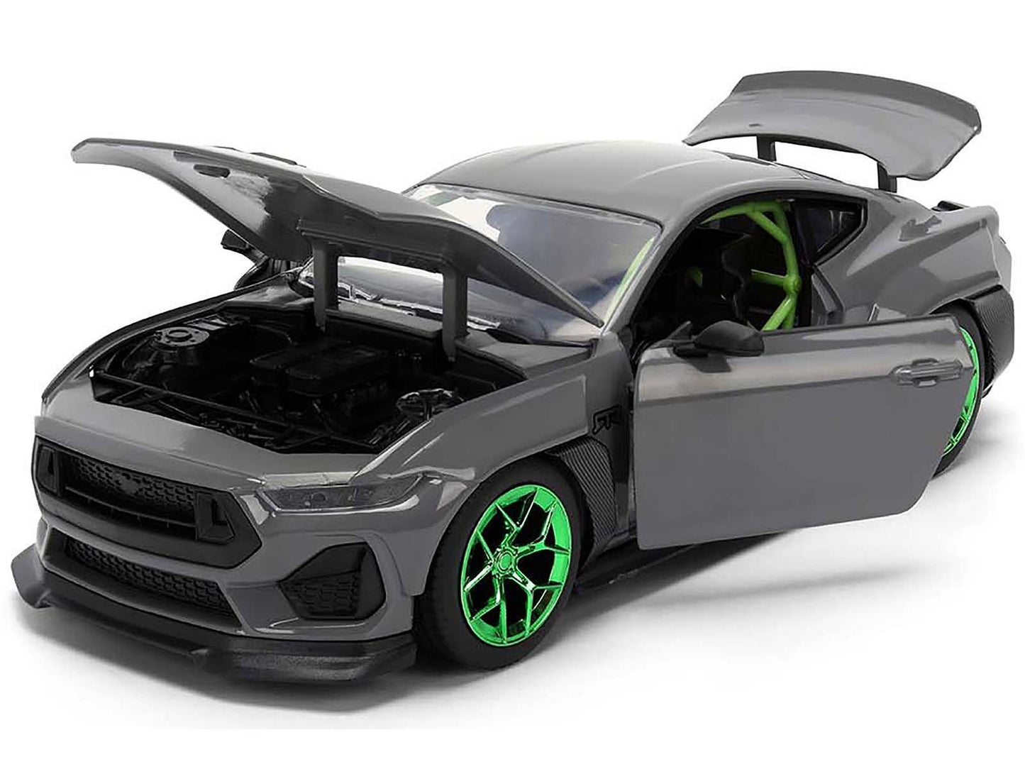 Gray toy car with green wheels on a white background