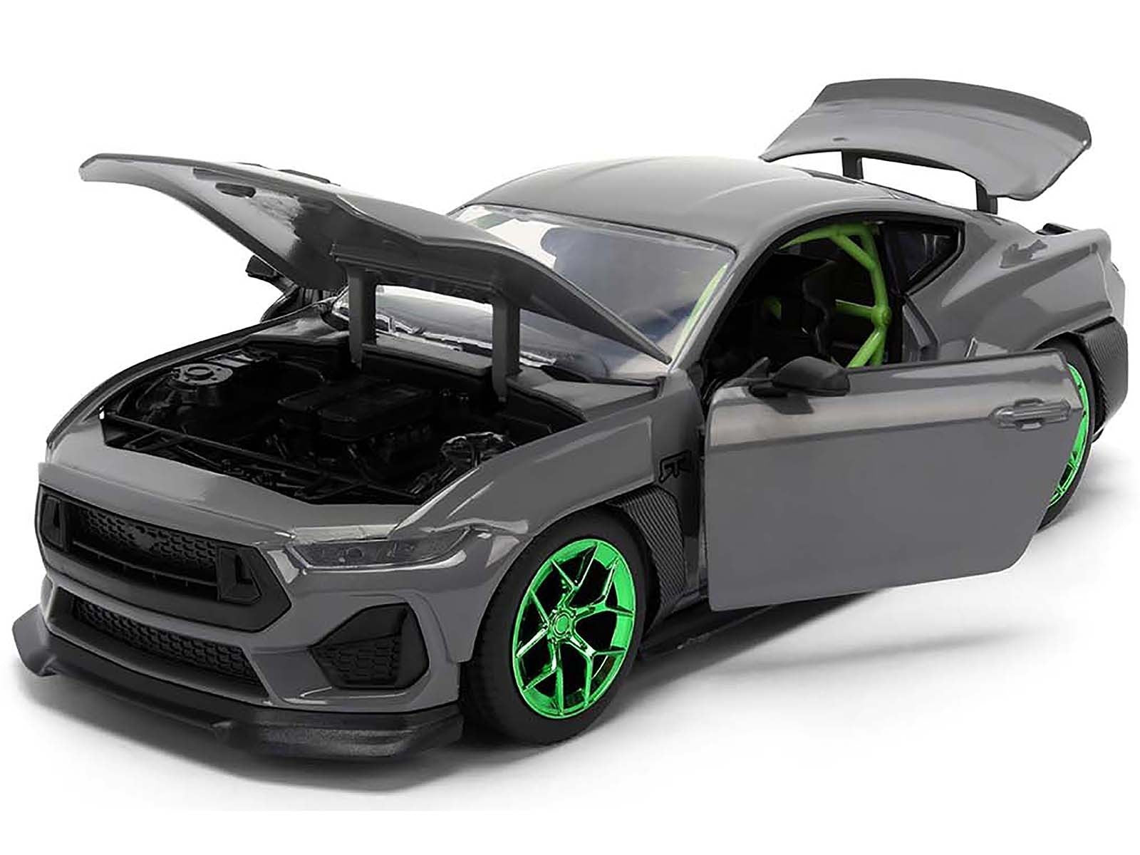 Gray toy car with green wheels on a white background