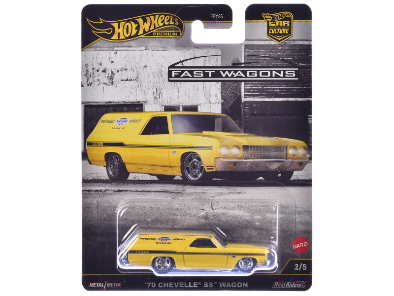 Hot Wheels '70 Chevelle SS Wagon packaging with yellow car on a white background