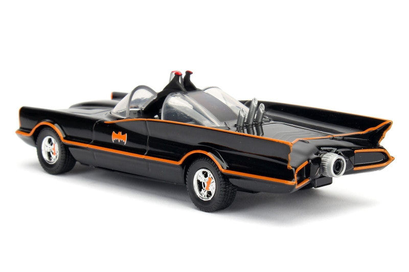 Model of the Batmobile with black and orange design on a white background