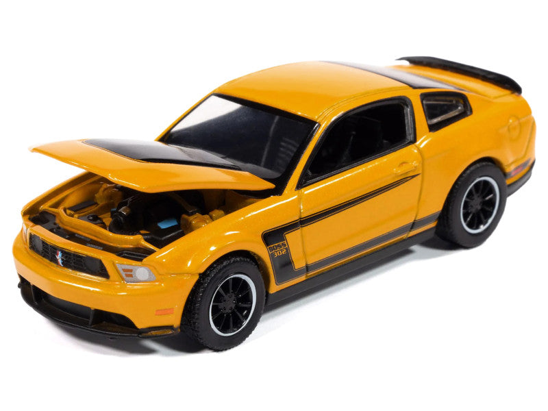 2012 Ford Mustang Boss 302 Yellow W/Black Accents 1/64 Diecast Model 64502-AWSP186A