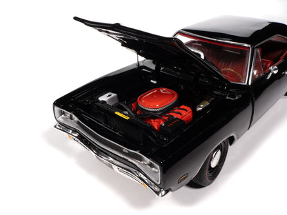 Black muscle car with open hood on a white background