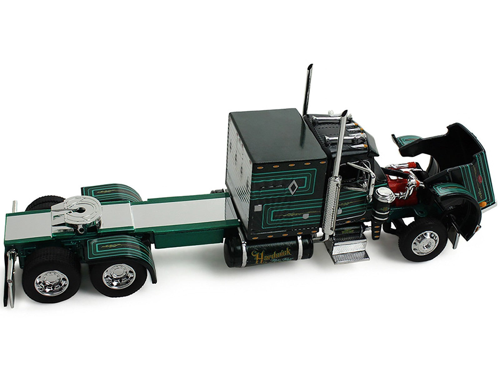 Model of a green and white truck on a white background