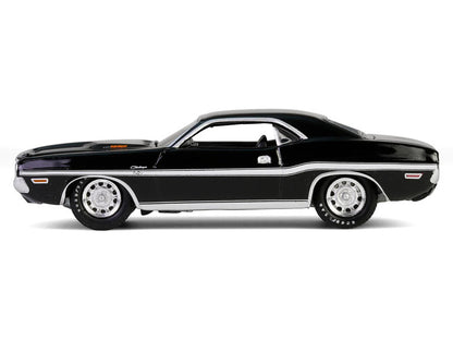 Black muscle car with white stripes on a white background