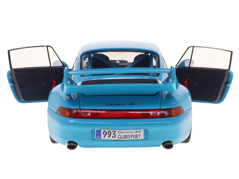 Blue model car with open doors on a white background