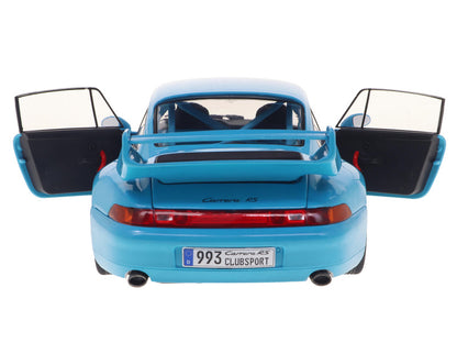 Blue model car with open doors on a white background