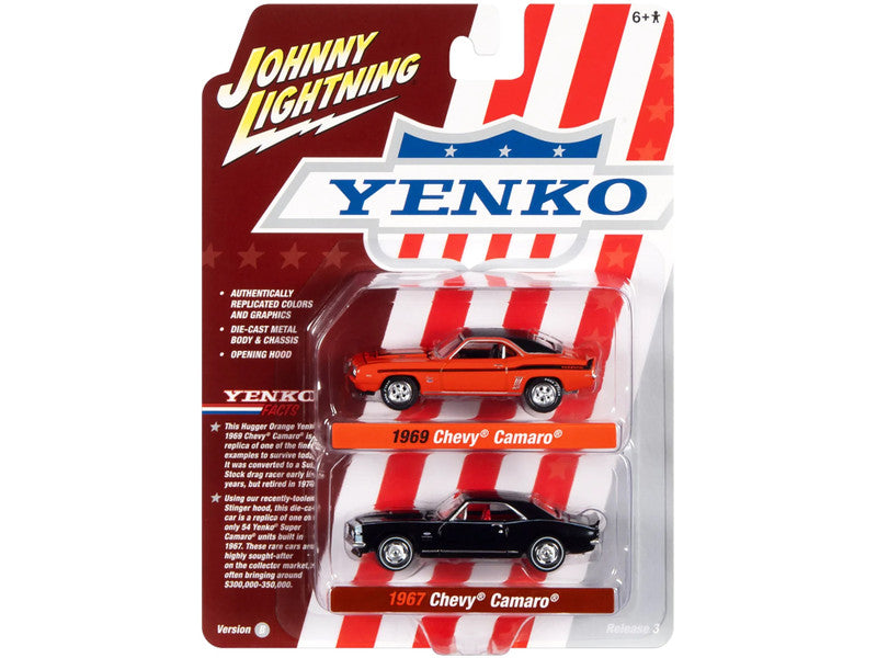 Packaged model cars of a red and black Chevrolet Camaro with Johnny Lightning and Yenko branding.