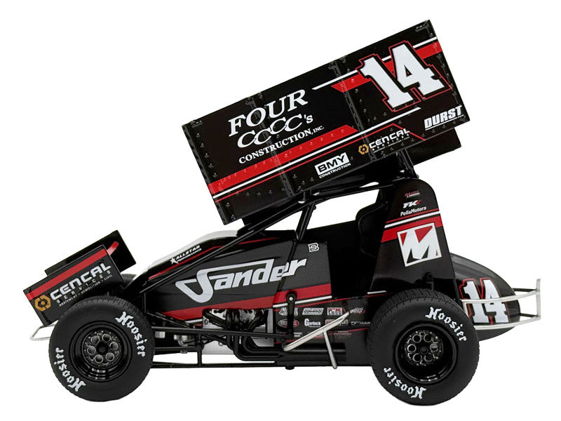 Model race car with various sponsor logos on a white background