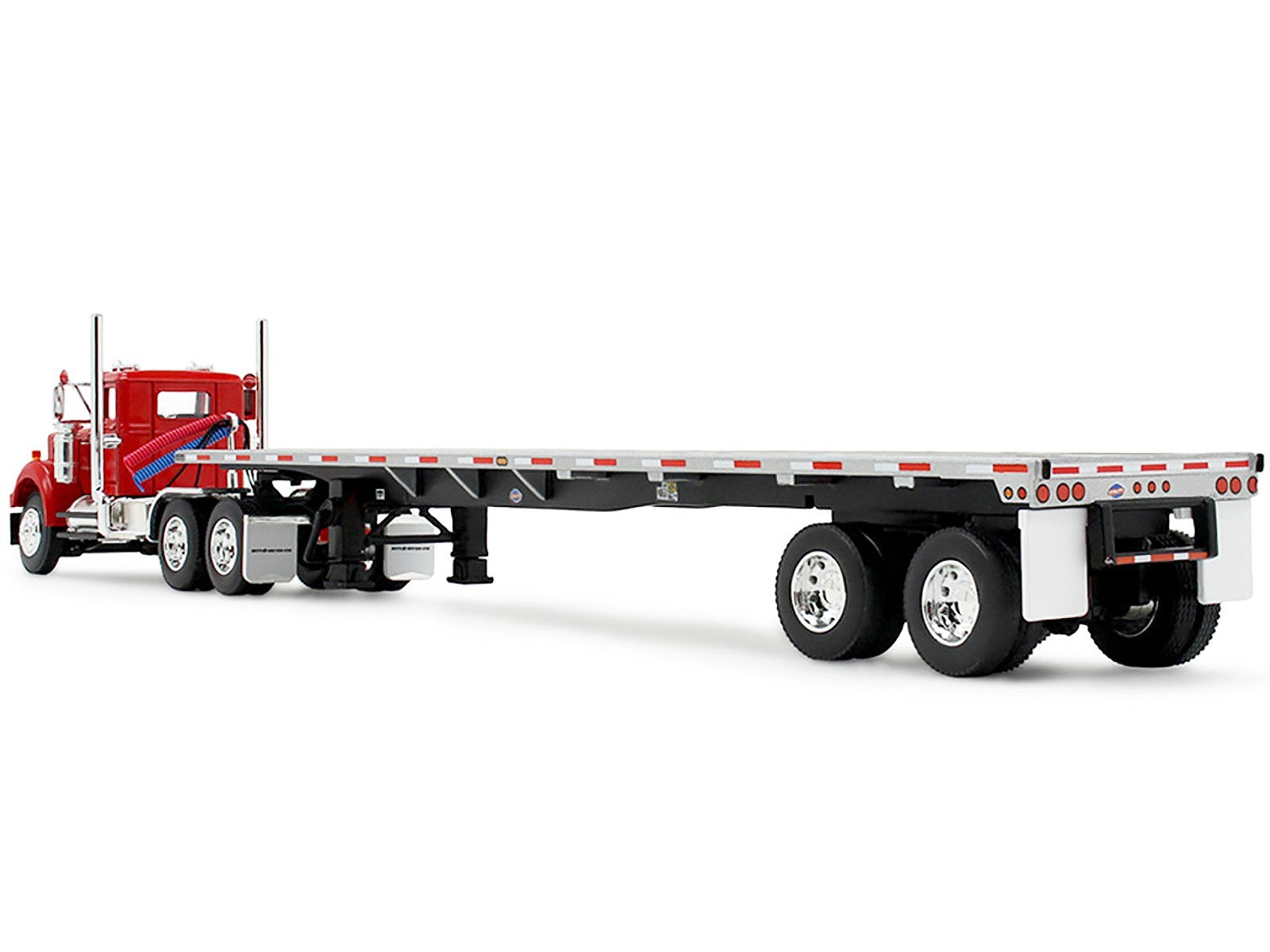 Model of a red and white flatbed truck on a white background