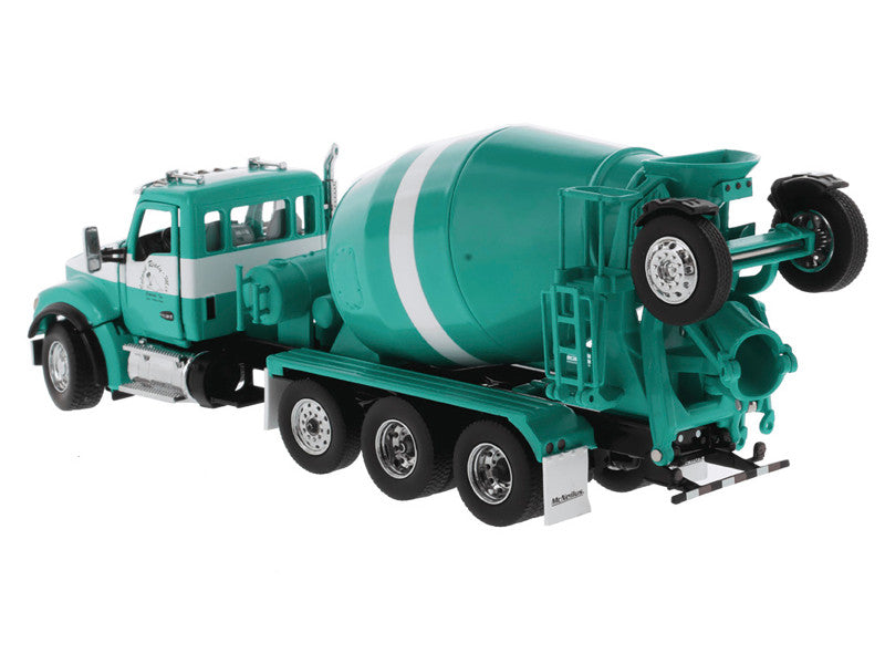 Green concrete mixer truck model on a white background