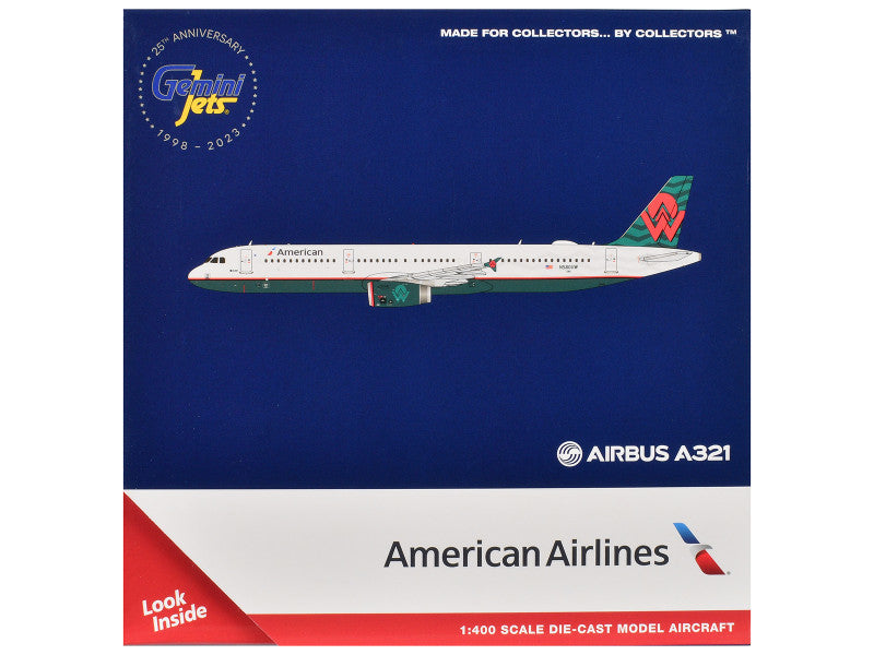 Model airplane packaging for American Airlines Airbus A321 on a blue and red background