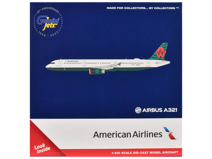 Model airplane packaging for American Airlines Airbus A321 on a blue and red background