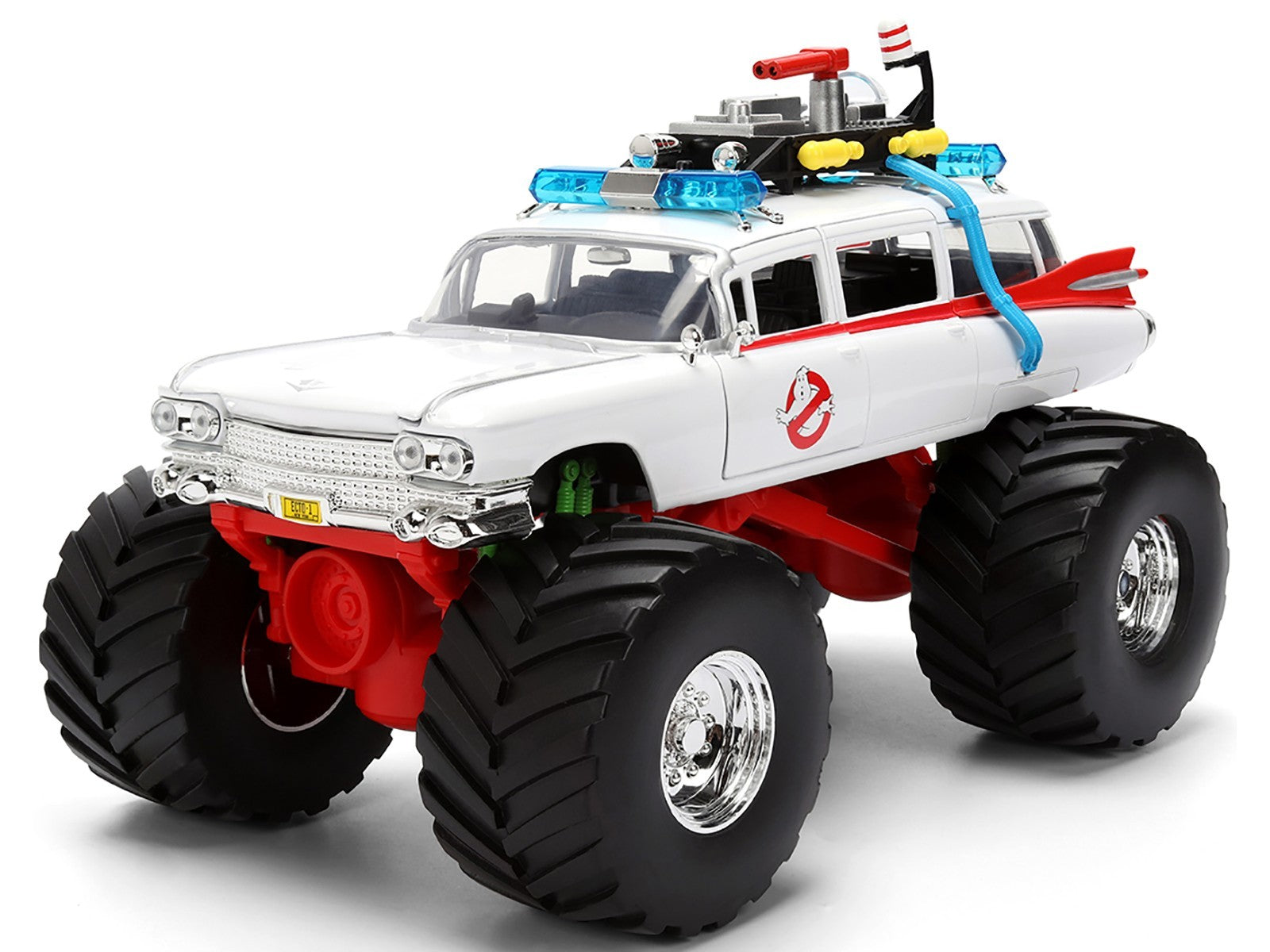 Toy monster truck with large wheels and a red and white color scheme on a white background