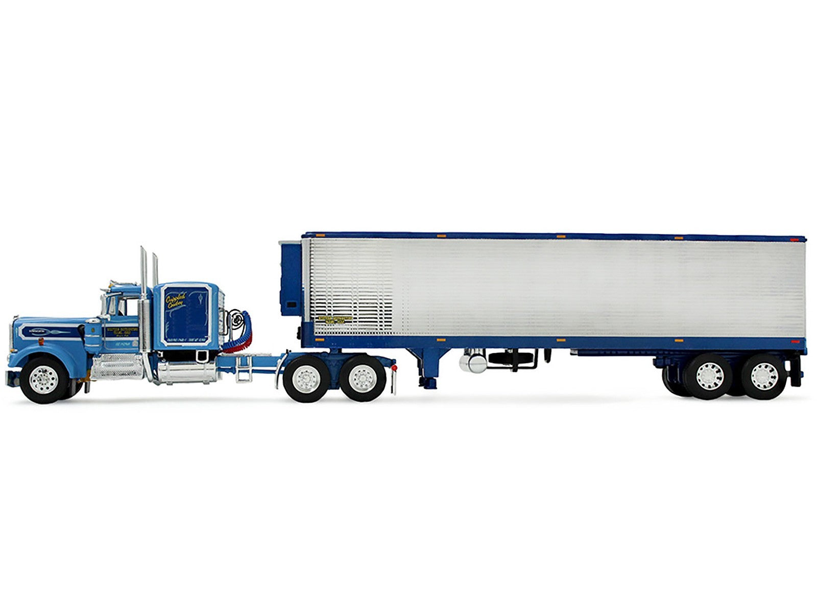 Model of a blue and silver truck with a trailer on a white background